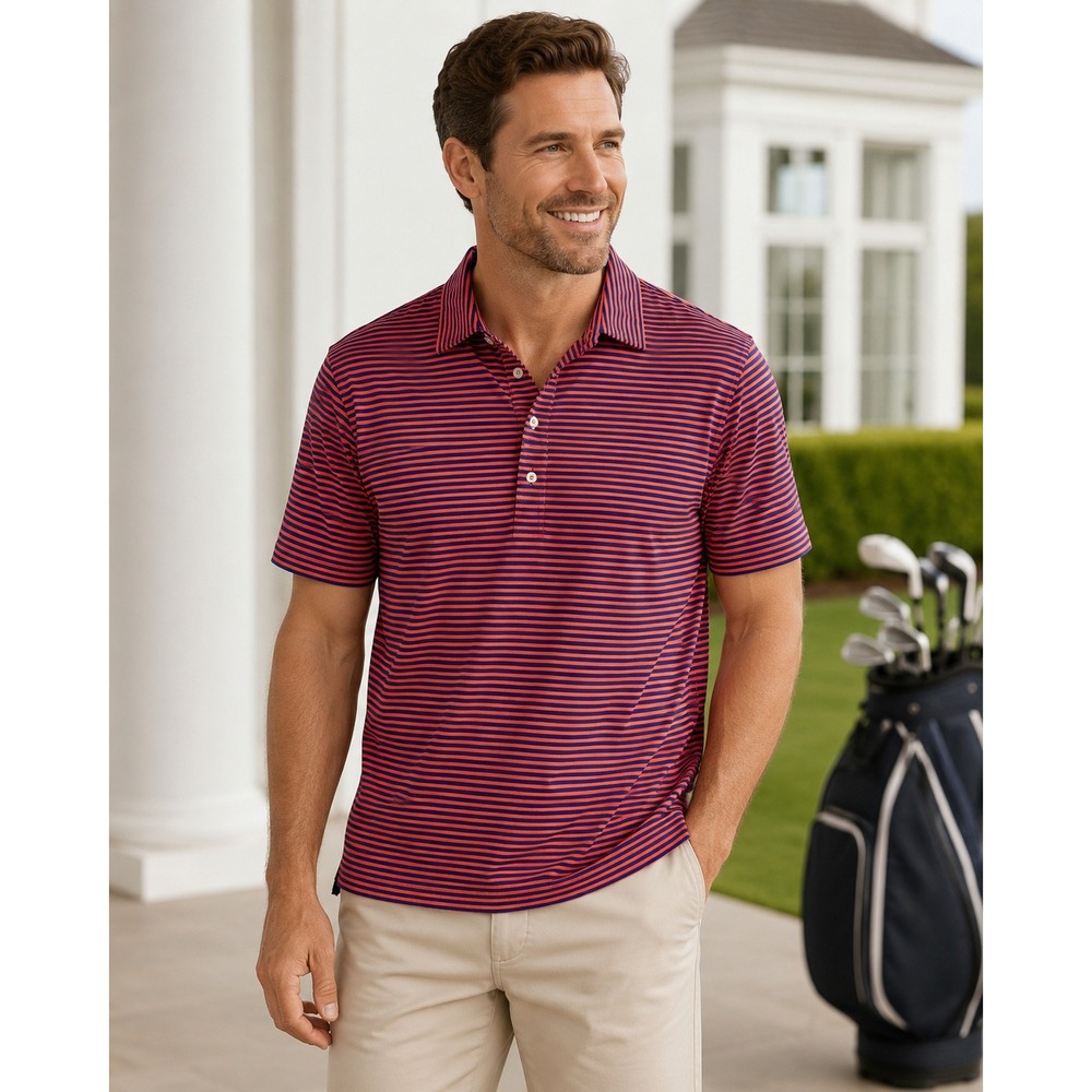 RLX‎ Ralph Lauren Golf Polo Shirt Mens Medium Orange Blue Red Stripe Polyester